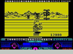 Space Racer (ZX Spectrum) screenshot: I think this is the end of the race. The racer stopped. All the energy lights are flashing randomly, and a computer controlled racer just flew by and crashed.