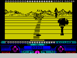 Space Racer (ZX Spectrum) screenshot: A computer controlled racer tries to overtake and crashes into a sign