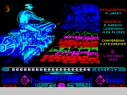 Space Racer (ZX Spectrum) screenshot: This screen displays as the game loads. Just before the game is ready to play it turns into a monochrome black and yellow picture