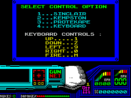 Techno Cop (ZX Spectrum) screenshot: After some more tape stopping & starting the main menu is displayed. This alternates with the Hi-Score table until the player selects a controller, then side 2 of the tape must be loaded
