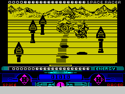 Space Racer (ZX Spectrum) screenshot: If left alone for long enough the game goes into a demo mode which shows lots of riders happily competing together - not a shot being fired