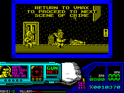 Techno Cop (ZX Spectrum) screenshot: Another message from control. This does not stop Technocop from picking up any bonus items that are lying around. To get back to the car he must go back the way he came in