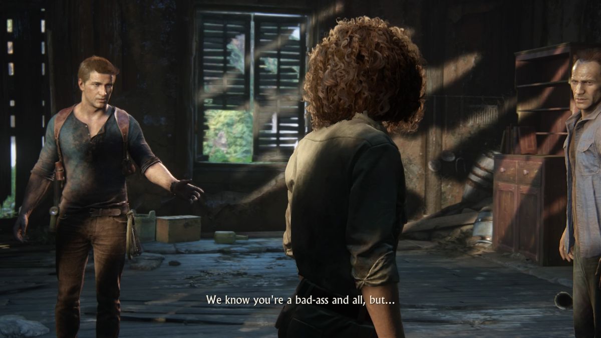 Uncharted 4: A Thief's End (PlayStation 4) screenshot: Nate is playing the strength comes in numbers card with Nadine