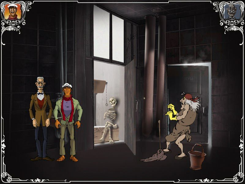 Dvenadtsat' Stuljev (Windows) screenshot: Scaring the housekeeper with a training skeleton resting in the restroom (Russian version)