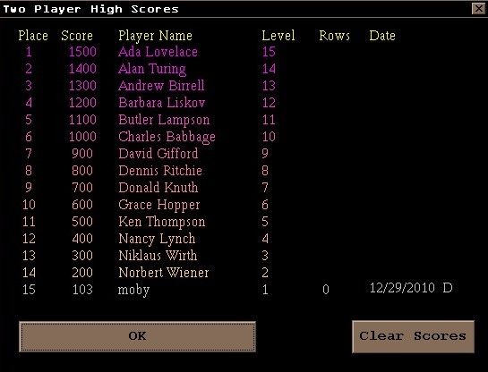 Tetris Max (Windows) screenshot: This is the two player high score table. There is a separate high score table for single player games. Most of the entries here are dummy entries.