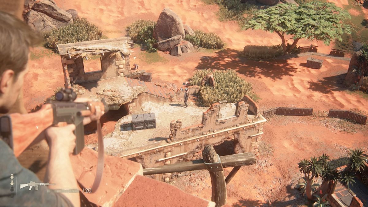 Uncharted 4: A Thief's End (PlayStation 4) screenshot: Upper ground gives greater advantage in a firefight