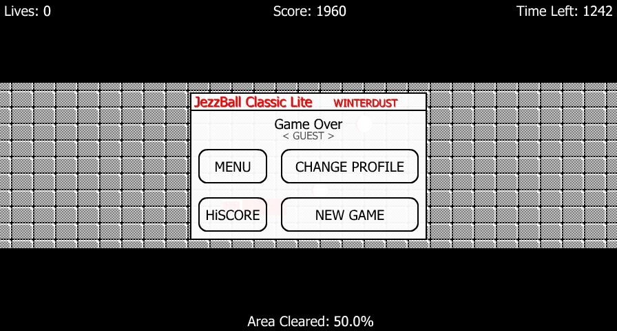 JezzBall Classic (Windows) screenshot: The game over menu (Demo)