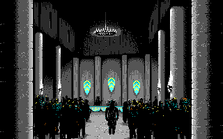 PowerMonger (DOS) screenshot: Intro - Spy entering the hall. (EGA)