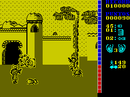 The A-Team (ZX Spectrum) screenshot: Got one. Must be using exploding bullets. 45 bullets left, 2 missiles and three other team members to kill 149 bad guys and 20 jeeps