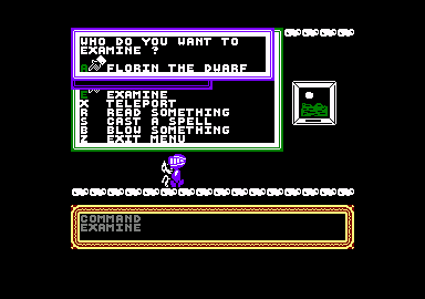 Spellbound (Amstrad CPC) screenshot: Examining Florin the Dwarf.