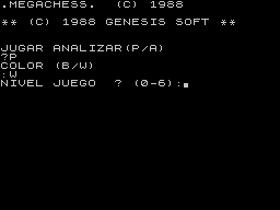 Megachess (ZX Spectrum) screenshot: Following the game load there are some questions to be answered. Play a game or analyse a game?, Play as black or white?, What standard of player are you?