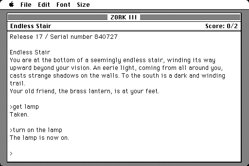 Zork III: The Dungeon Master (Macintosh) screenshot: Get lamp :)