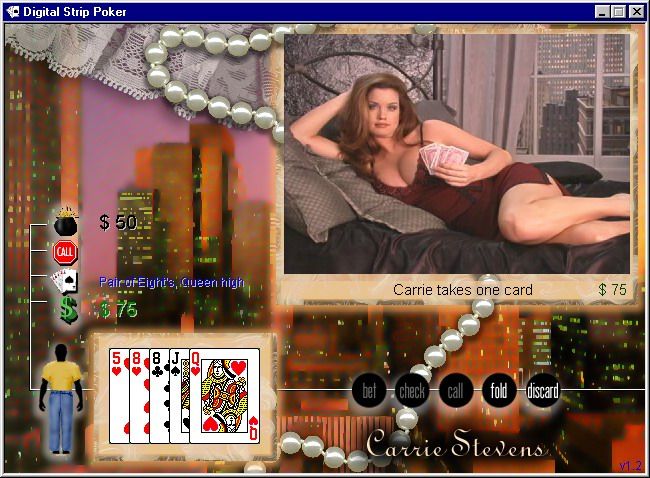 Digital Strip Poker featuring Carrie Stevens (Windows) screenshot: Carrie takes one card (Maroon outfit round 1)