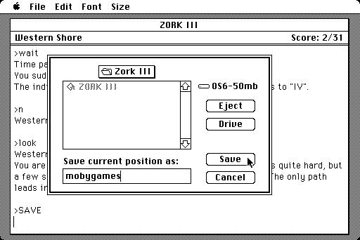 Zork III: The Dungeon Master (Macintosh) screenshot: Game save