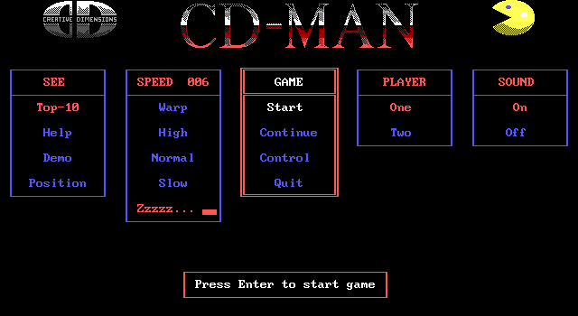 CD-Man Version 2.0 (DOS) screenshot: Pre-release menu screen