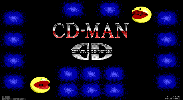 CD-Man Version 2.0 (DOS) screenshot: Pre-release shareware load screen with Pac Man like character