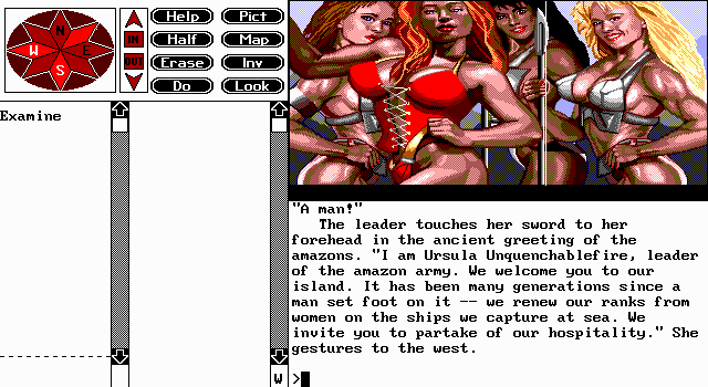 Spellcasting 101: Sorcerers get all the Girls (DOS) screenshot: Sex-hungry amazons are only at first sight a cool thing. Later you have to flee from them or they'll love you to death. Literally.