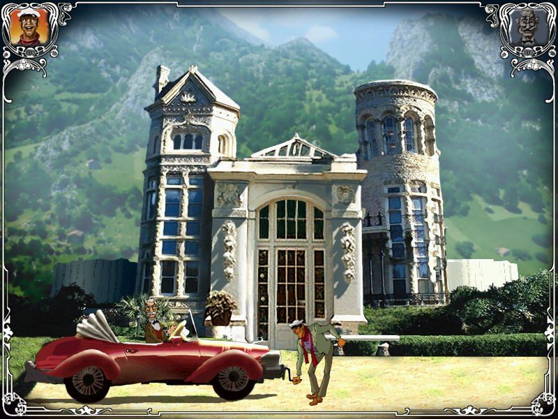 Dvenadtsat' Stuljev (Windows) screenshot: Starting a car in front of a castle of local Georgian boss