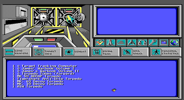 Sea Rogue (DOS) screenshot: The weapons station of the Sea Rogue, with torpedo animation.