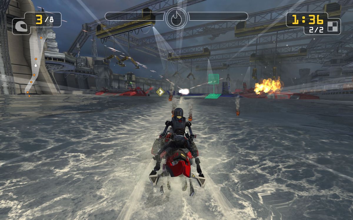 Riptide GP: Renegade (Windows) screenshot: This race takes place in the middle of a military conflict.