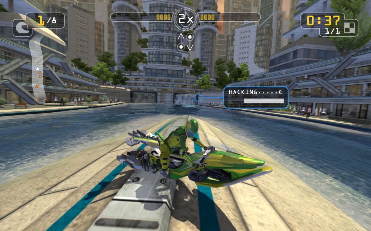 Riptide GP: Renegade (Windows) screenshot: Performing a stunt, filling up the boost meter near the top.
