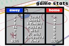 NHL Hitz 20-03 (Game Boy Advance) screenshot: between periods, you can check out how your team is performing statistically.