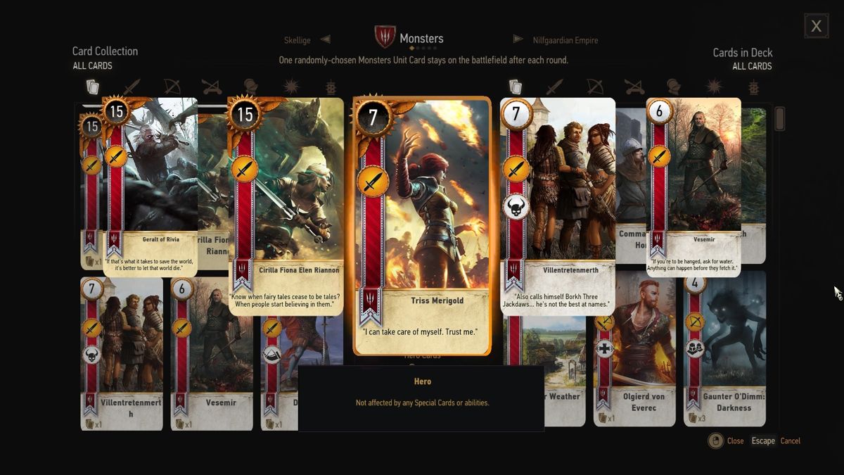 The Witcher 3: Wild Hunt - Ballad Heroes Neutral Gwent Card Set (Windows) screenshot: The new cards design for Geralt, Ciri, Triss, Villentretenmerth and Vesemir