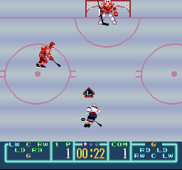 Pro Sport Hockey (SNES) screenshot: The scorebox at the bottom can be turned on and off during a game