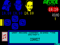 Arcade Trivia Quiz (ZX Spectrum) screenshot: That's the final question correctly answered