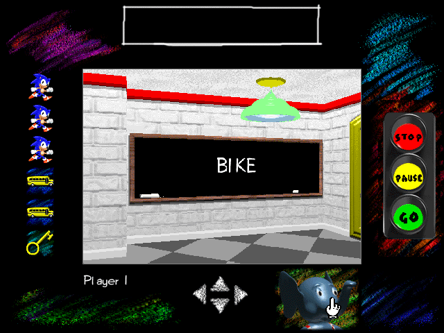 Sonic's Schoolhouse (Windows 3.x) screenshot: In the reading room, chalkboards show words...