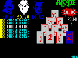 Arcade Trivia Quiz (ZX Spectrum) screenshot: The cash has been banked. Player 2 now has £0.90 and the prize for answering the next question is back to £0.00