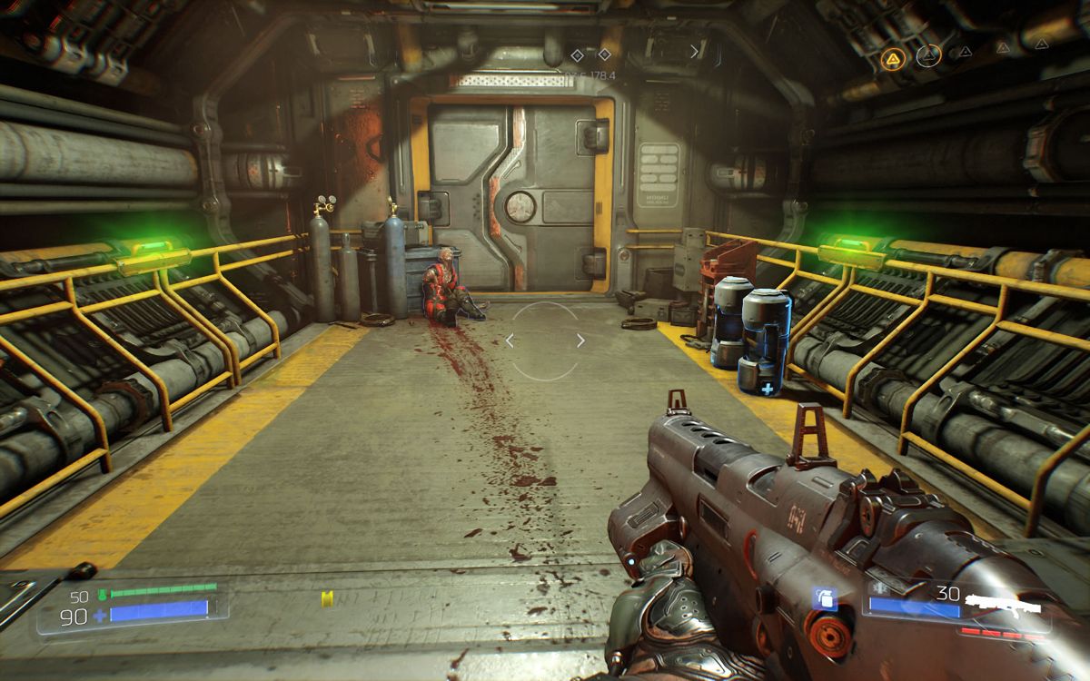 Doom (Windows) screenshot: The blood trail leads to a body.