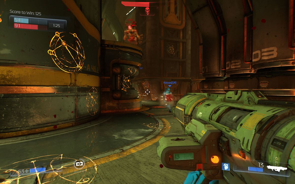 Doom (Windows) screenshot: Carrying the rocket launcher in a multiplayer game.