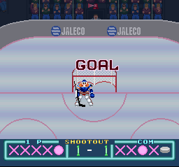 Pro Sport Hockey (SNES) screenshot: A puck makes its way into the net