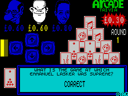 Arcade Trivia Quiz (ZX Spectrum) screenshot: The bonus question has been answered correctly - doesn't he look really smug?