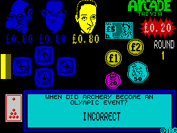 Arcade Trivia Quiz (ZX Spectrum) screenshot: There are 5 steps in the cash run and player 3 dropped out at the first question