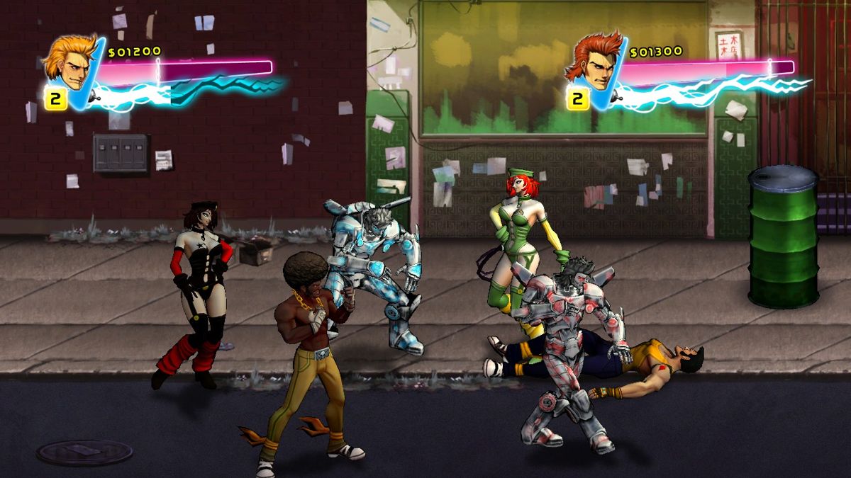 Double Dragon Neon (Windows) screenshot: "robots vs. dominatrix". Hm, this should be good B movie title.