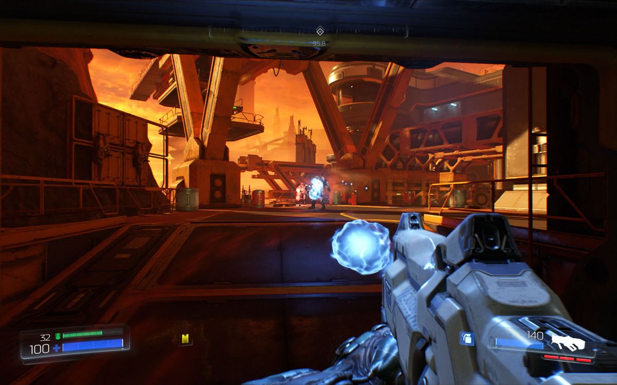 Doom (Windows) screenshot: Moving outside, shooting the plasma gun.