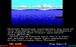 Red Storm Rising (DOS) screenshot: Sinking Russian subs and taking out spetsnaz commandos.