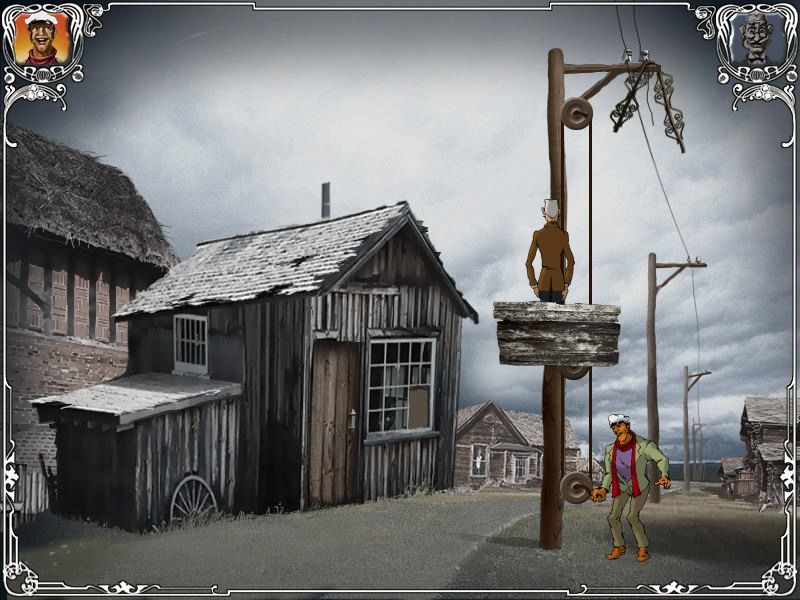 Dvenadtsat' Stuljev (Windows) screenshot: Ostap is lifting Kisa to a metal rod stuck on the electric pole