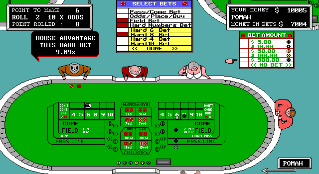 Casino Craps (DOS) screenshot: Placing Hard Numbers Bet