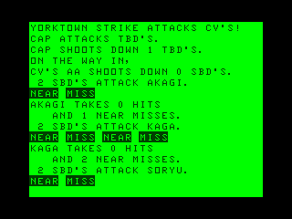 Midway Campaign (TRS-80 CoCo) screenshot: Now Yorktown's strike force hits the already damaged Japanese carriers
