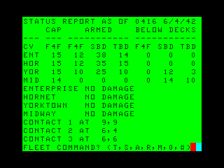 Midway Campaign (TRS-80 CoCo) screenshot: CAP aircraft launch everything is ready for the days operations