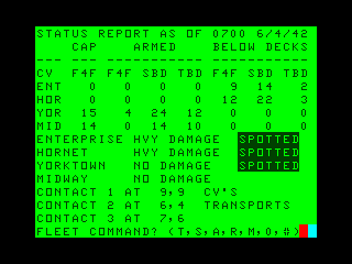 Midway Campaign (TRS-80 CoCo) screenshot: Japanese counter strike on TF16 nearly sinks both the Hornet and Enterprise both have heavy damage and now no CAP aircraft protection
