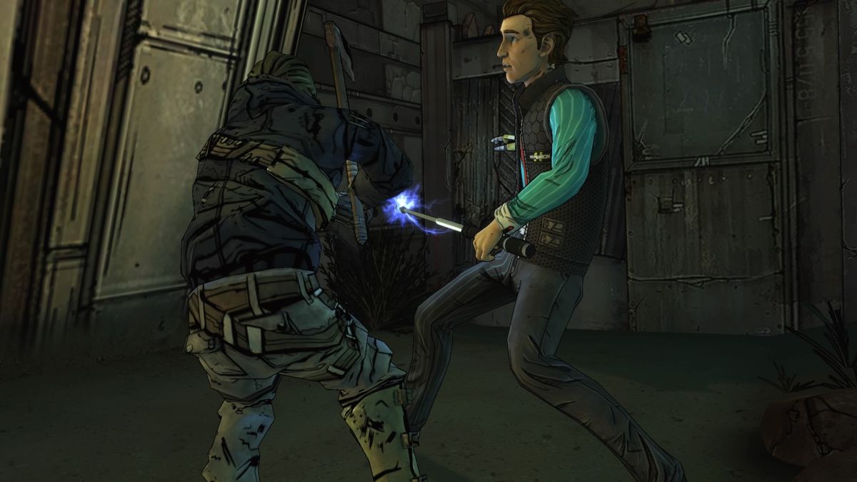 Tales from the Borderlands: Episode 1 - Zer0 Sum (PlayStation 4) screenshot: Rhys is enjoying his new found electrifying baton weapon's power