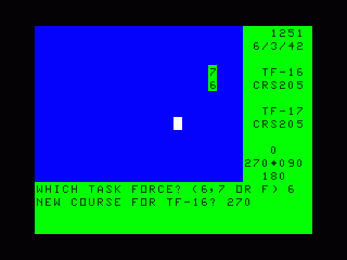 Midway Campaign (TRS-80 CoCo) screenshot: Game start - US carriers northeast of Midway island