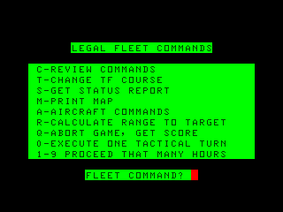 Midway Campaign (TRS-80 CoCo) screenshot: In game Fleet commands