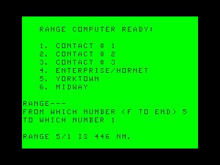 Midway Campaign (TRS-80 CoCo) screenshot: Color Computer version has a range computer to aid in target and attack planning