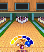 Rayman Bowling (J2ME) screenshot: This is the classic bowling lane. Rayman is currently determining the speed.