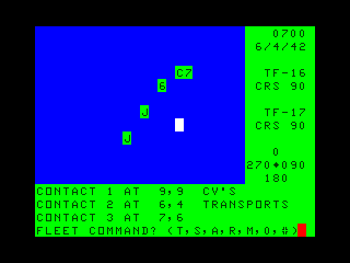 Midway Campaign (TRS-80 CoCo) screenshot: Engaged all Japanese carriers far north of Midway